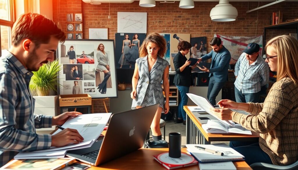 A dynamic and vibrant scene showcasing the diverse roles of art directors across various industries. In the foreground, an advertising art director meticulously crafts a captivating campaign, surrounded by sketches, mood boards, and a sleek laptop. In the middle ground, a fashion art director directs a photoshoot, coordinating models, lighting, and sets to bring a high-end editorial vision to life. In the background, a video game art director collaborates with a team of digital artists, strategizing the visual identity and immersive environments of a cutting-edge interactive experience. The scene is bathed in warm, natural lighting, creating a sense of creativity, collaboration, and the unique contributions of art directors in shaping the visual landscapes of their respective industries.
