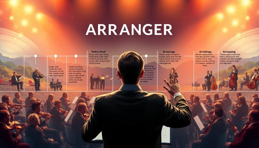 A dynamic and visually captivating illustration depicting the career progression of an arranger. The foreground showcases an arranger at the height of their craft, surrounded by a symphony orchestra, their hands gracefully conducting the ensemble. The middle ground features a timeline of career milestones, from entry-level music theory and composition roles, to arranging for various genres and ensembles, leading to the prominent position in the foreground. The background showcases a lush, dreamlike landscape, with a warm, cinematic lighting that evokes a sense of accomplishment and artistic fulfillment. The overall atmosphere conveys the dedication, skill, and evolution of an arranger's career path.