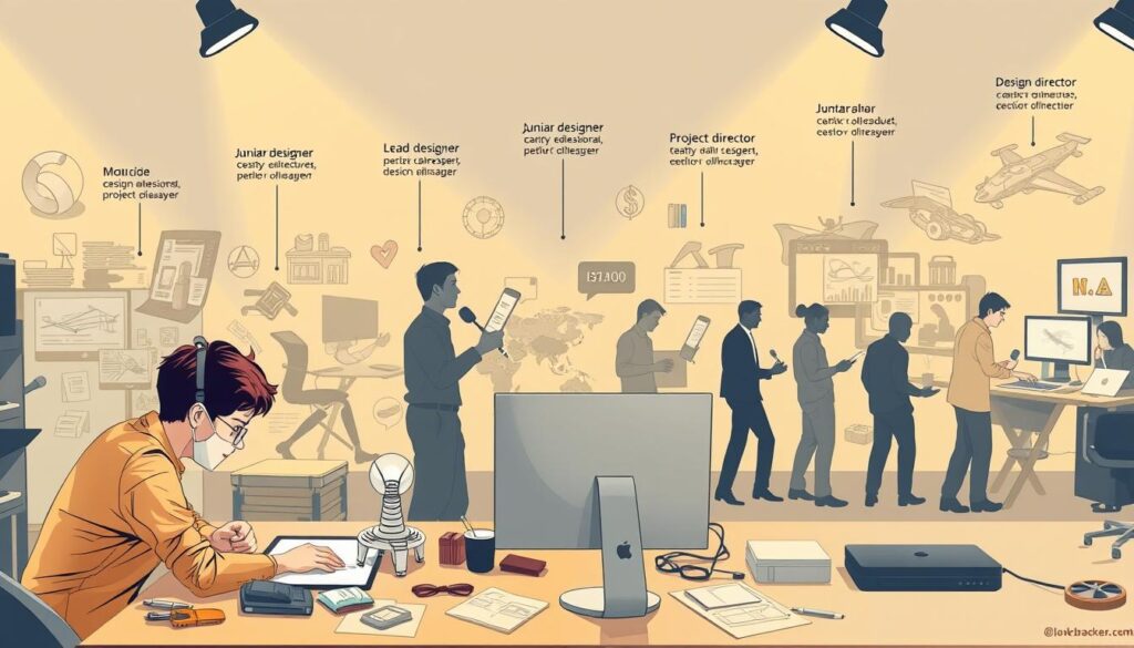 A dynamic and visually engaging illustration of a typical career path for an industrial designer. In the foreground, a young designer works diligently at a computer, surrounded by sketches and prototypes. In the middle ground, the designer progresses through various roles - from junior designer to lead designer, project manager, and eventually, design director. The background depicts the evolution of the designer's skills and responsibilities, with complex CAD models, product launch events, and team collaborations. The scene is bathed in warm, focused lighting, creating a sense of professionalism and progress. The overall composition conveys the multifaceted nature of an industrial designer's career, highlighting the diverse skills, challenges, and opportunities that define this dynamic profession.