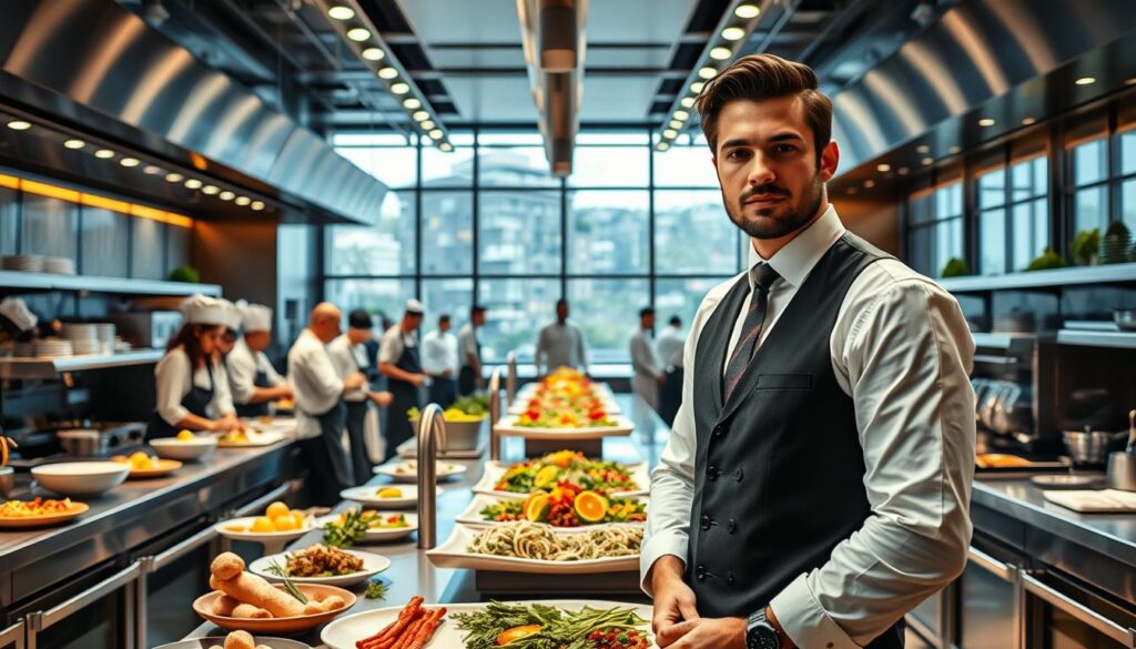 A dynamic and visually striking scene depicting the future of a food coordinator's career. In the foreground, a well-dressed and confident individual stands amidst a bustling kitchen, overseeing the preparation of an exquisite culinary display. The middle ground features a diverse team of chefs and assistants, each contributing their unique skills to the collaborative process. In the background, a panoramic view of a modern, state-of-the-art culinary facility, with gleaming stainless steel appliances and floor-to-ceiling windows that flood the space with natural light. The atmosphere is one of innovation, creativity, and a deep sense of passion for the culinary arts. The image conveys the growing demand for skilled food coordinators who can seamlessly orchestrate the intricate dance of ingredients, flavors, and presentation to deliver unforgettable dining experiences.