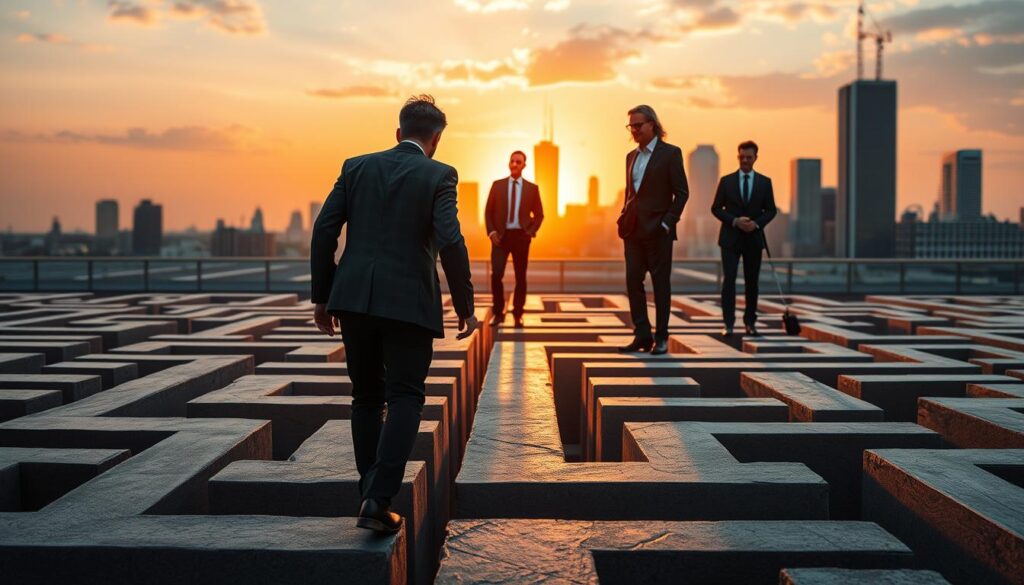 A dynamic business scene showcasing a career transition strategy for construction consultants with no prior experience. In the foreground, a determined individual navigates a maze-like path, symbolizing the challenges of shifting industries. The middle ground features silhouettes of mentors guiding the way, casting a warm glow. In the background, a city skyline provides a sense of opportunity and potential, lit by a vibrant sunset. The composition conveys a tone of ambition, guidance, and the promise of a rewarding new career path. Captured with a wide-angle lens, the image has a cinematic quality, drawing the viewer into the narrative of overcoming career obstacles.