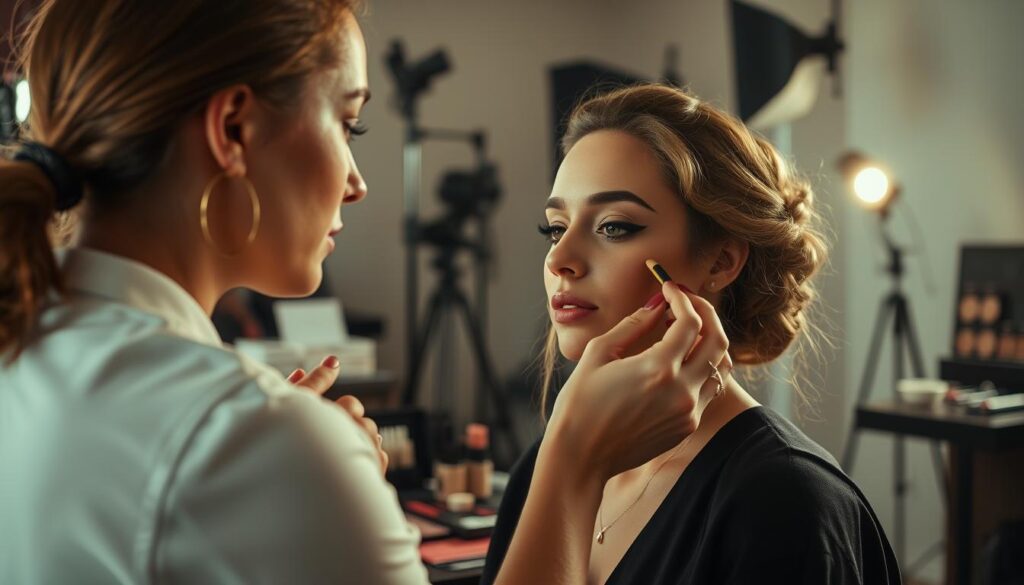 A dynamic career path for a professional hair and makeup artist, captured in a cinematic scene. In the foreground, a skilled artist meticulously applies makeup to a model's face, their hands moving with precision. In the middle ground, a variety of high-end cosmetics and tools are neatly arranged, hinting at the diverse skillset required. In the background, a softly lit studio space with professional lighting equipment, reflecting the advanced technical knowledge needed. The overall atmosphere conveys a sense of focus, dedication, and the potential for growth within this specialized field.