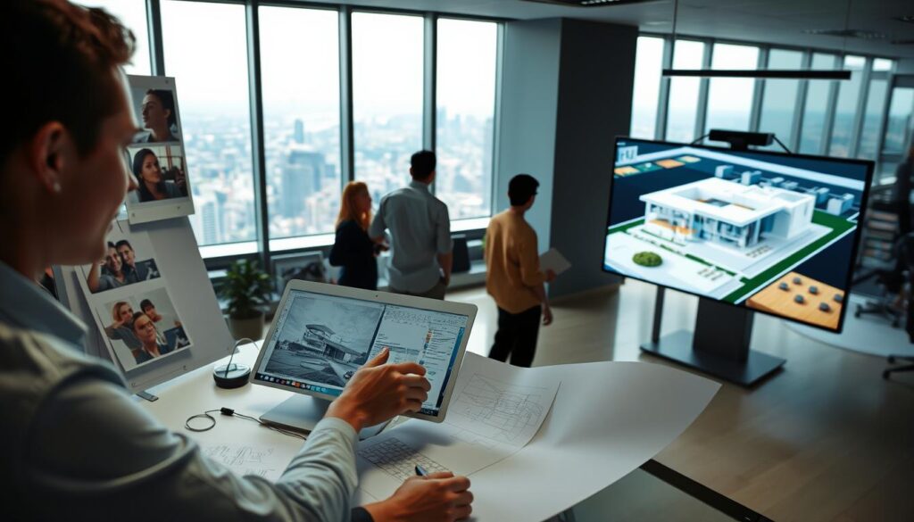 A dynamic career path for a spatial designer, featuring a well-lit modern office environment. In the foreground, a designer reviews digital plans on a sleek workstation, surrounded by moodboards and inspirational sketches. The middle ground showcases a 3D model of an architectural project on a large display, as the designer collaborates with their team. In the background, a panoramic view of a bustling city skyline, hinting at the diverse range of projects and opportunities available within the field of spatial design. The scene conveys a sense of creativity, professionalism, and growth potential inherent to this fulfilling career path.