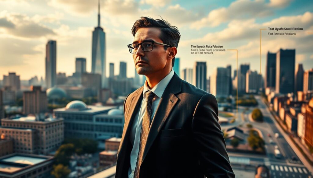 A dynamic career path of a commissioner, depicted with a cinematic flair. In the foreground, a determined individual navigates the intricate landscape of public service, their gaze fixed on the horizon. The middle ground showcases key milestones - from entry-level roles to supervisory positions, each step a testament to their dedication and growth. In the background, a cityscape serves as a testament to the impact of their work, with towering skyscrapers and bustling streets. Warm lighting casts a sense of optimism, while the composition emphasizes the commissioner's journey, guiding the viewer through the rewarding path to this esteemed role. Attention to detail, from tailored suits to confident posture, further conveys the professionalism and prestige of this career.