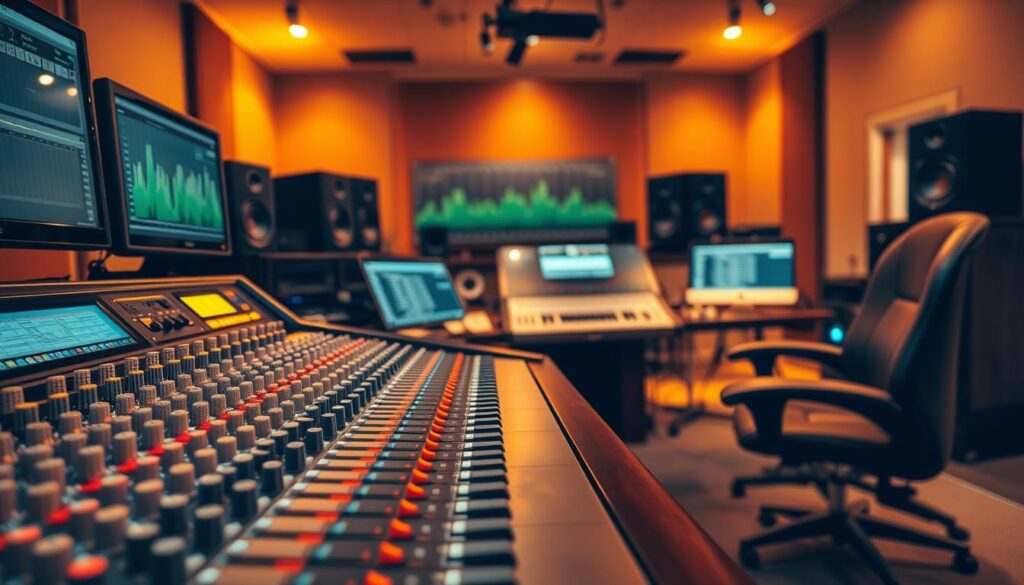 A dynamic career path unfolds, showcasing the diverse roles and responsibilities of a mastering engineer. In the foreground, a mixing console commands attention, with intricate knobs and faders reflecting the engineer's keen technical prowess. The middle ground features a spectrum analyzer, visualizing the audio's frequency content, while the background depicts a recording studio, with soundproofed walls and a strategic array of monitors. Warm, golden lighting casts a professional ambiance, highlighting the engineer's intense focus and dedication to their craft. The overall composition conveys the multifaceted nature of this esteemed profession, from the technical mastery to the creative artistry that shapes the final musical product.