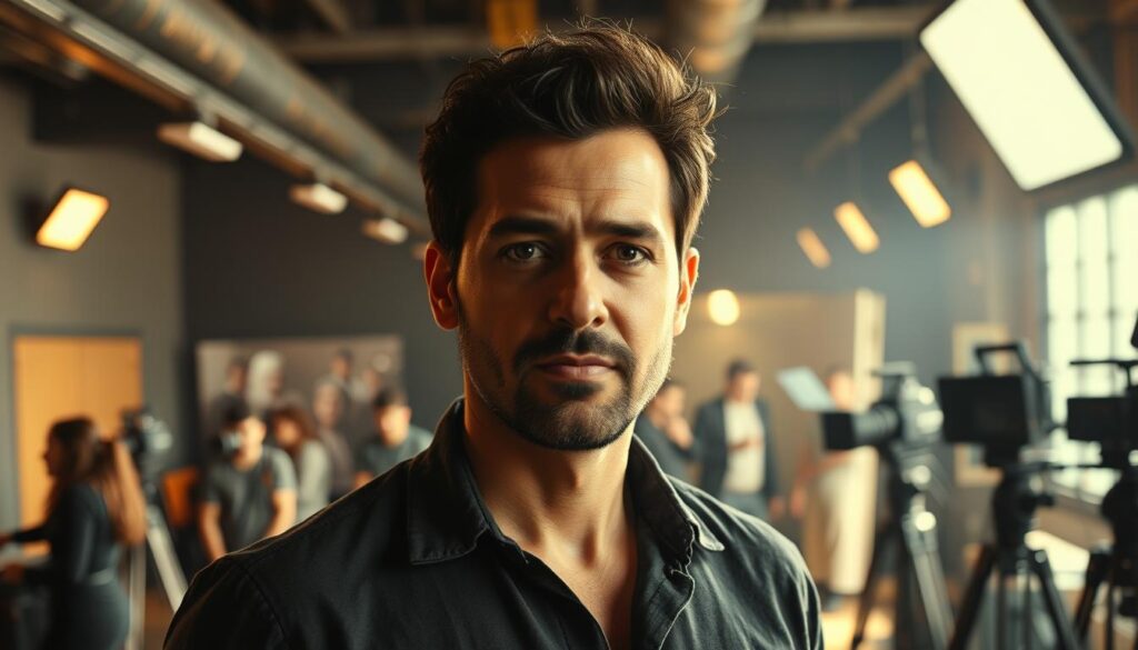 A dynamic, charismatic individual stands at the center of the frame, emanating an air of confident leadership. Their gaze is steady, their posture upright, and their expression exudes a sense of calm authority. The lighting is warm and directional, casting dramatic shadows that accentuate the subject's features and convey a palpable sense of presence. In the background, a bustling film set comes into focus, with crew members scurrying about, cameras and equipment arranged in an orderly fashion. The environment suggests a fast-paced, creative atmosphere, where quick decision-making and the ability to coordinate multiple moving parts are essential. The overall scene communicates the key traits of an effective director - a commanding presence, keen problem-solving skills, and the capacity to lead a talented team towards a shared creative vision.