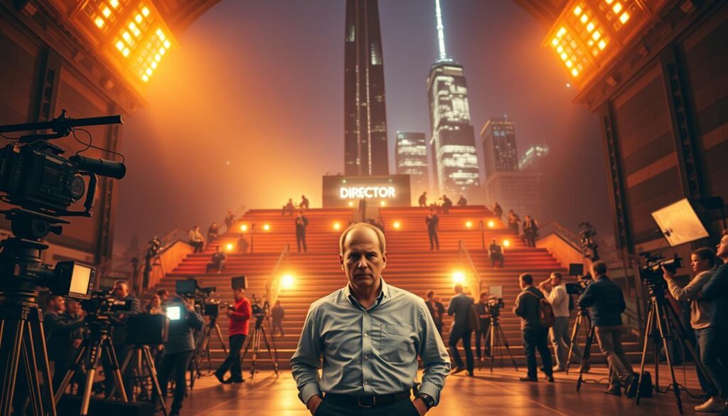 A dynamic, cinematic scene depicting the career path of a director. In the foreground, a focused, determined director stands at the center of a film set, surrounded by a crew busily at work with cameras, lighting, and equipment. The middle ground showcases a tiered structure, each level representing a different stage of the director's journey - from assistant director, to associate director, to finally the esteemed role of director. The background features a towering skyscraper skyline, symbolizing the heights of success and influence that can be achieved in this profession. Warm, golden lighting casts a sense of ambition and accomplishment, while a dramatic, cinematic angle emphasizes the grandeur and significance of the director's role.