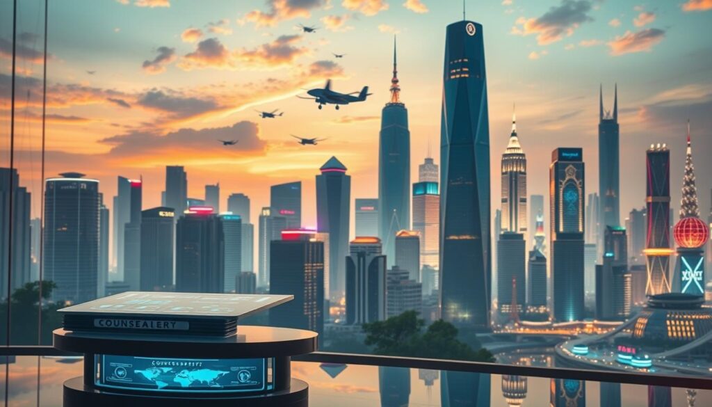 A dynamic cityscape depicting the future of the concierge industry. In the foreground, a technologically-advanced concierge service desk with sleek, holographic interfaces. In the middle ground, towering skyscrapers and innovative architecture, symbolizing the rapid growth and modernization of the hospitality sector. The background showcases a vibrant, futuristic skyline, with flying vehicles and gleaming spires, hinting at the emerging trends and innovations that will shape the industry's trajectory. The scene is bathed in a warm, ambient lighting, creating an aspirational and forward-looking atmosphere.