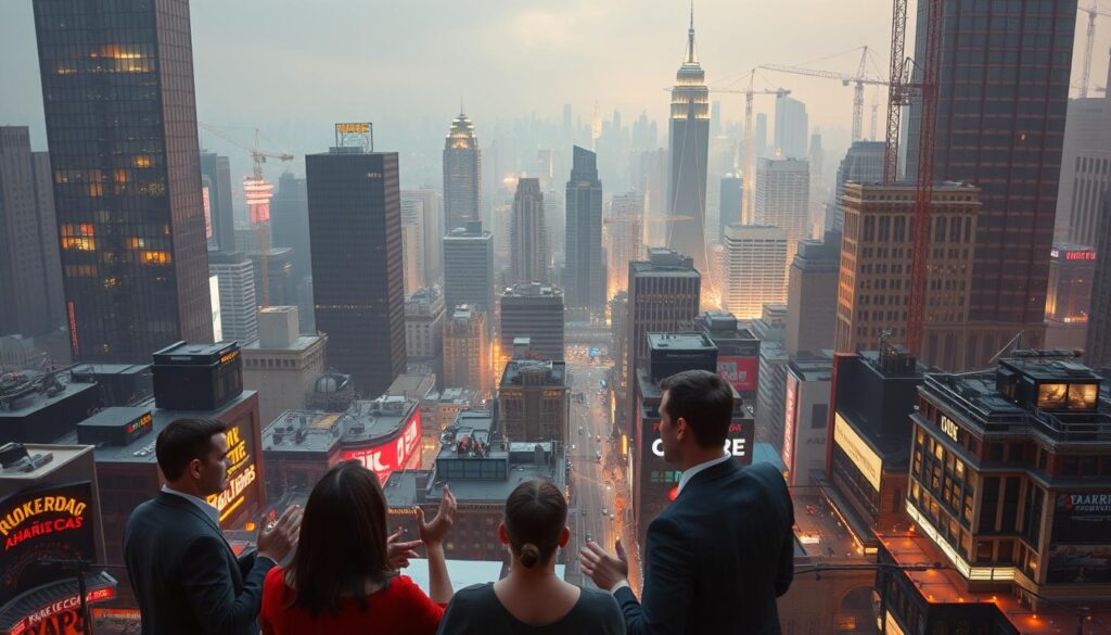 A dynamic cityscape filled with towering skyscrapers, bustling streets, and the vibrant energy of the music industry. In the foreground, a group of well-dressed individuals gesticulate animatedly, deep in discussion about the latest trends and innovations in the arranger's world. The middle ground showcases a diverse array of music studios, record labels, and performance venues, all illuminated by the warm glow of neon lights. In the background, a sweeping panorama of the city skyline, with cranes and construction sites hinting at the ever-evolving nature of the arranger's profession. The scene is bathed in a hazy, dreamlike lighting, capturing the excitement and uncertainty that defines the current state of the industry.