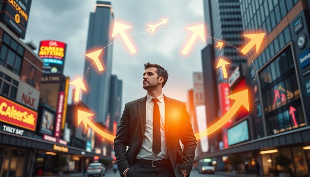 A dynamic cityscape with a towering corporate skyscraper against a backdrop of bustling streets and vibrant neon signs. In the foreground, a well-dressed professional stands contemplatively, surrounded by a swirling array of glowing career path icons and upward-pointing arrows, symbolizing the potential for advancement. Warm lighting illuminates the scene, creating a sense of opportunity and optimism. The composition emphasizes the juxtaposition between the individual's personal journey and the larger corporate landscape, inviting the viewer to consider the nuances of navigating a career in this dynamic urban environment.