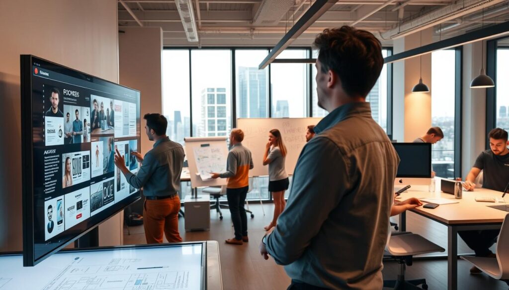 A dynamic design studio, with a design producer overseeing the workflow. In the foreground, the producer reviews design proposals on a large touchscreen display, meticulously analyzing layouts, color schemes, and typography. In the middle ground, a team of designers collaborate, sketching ideas on digital whiteboards and animating prototypes. The background features sleek workstations, floor-to-ceiling windows offering a cityscape view, and modern, minimalist decor that exudes creativity and professionalism. Warm, directional lighting casts an inviting glow, setting the tone for a productive, collaborative environment where the design producer orchestrates the creative process.