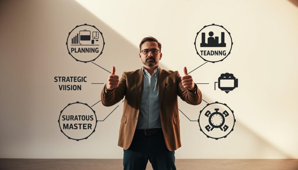 A dynamic director standing confidently, surrounded by visual representations of their core skills - strategic planning, creative vision, team leadership, and technical mastery. The scene is bathed in warm, directional lighting, casting dramatic shadows that accentuate the director's authoritative pose. The background is a minimal, abstract space that focuses attention on the director, conveying a sense of authority, expertise, and the ability to bring diverse elements together into a cohesive whole.