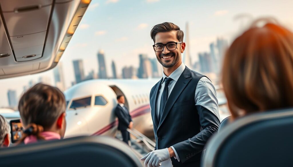 A dynamic, forward-looking scene depicting the promising future of the steward profession. In the foreground, a well-dressed steward assists passengers with effortless grace, showcasing their excellent customer service skills. In the middle ground, a sleek, modern aircraft serves as the backdrop, hinting at the evolving aviation industry and the growing demand for skilled stewards. The background features a vibrant cityscape, bustling with skyscrapers and a sense of progress, symbolizing the expanding opportunities and career advancement for stewards. Warm, natural lighting illuminates the scene, creating a welcoming and aspirational atmosphere. The overall composition conveys the exciting prospects and rising prominence of the steward role in the years to come.