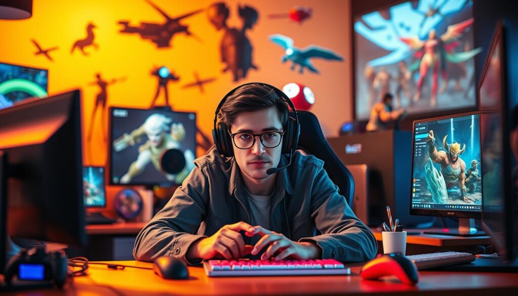 A dynamic game designer navigating a vibrant career path, surrounded by a colorful array of game assets, development tools, and the latest gaming technology. The scene is bathed in a warm, inviting lighting, with a sleek, minimalist aesthetic that evokes the cutting-edge world of game design. In the foreground, the designer is engrossed in their work, hands poised over a state-of-the-art workstation, while in the background, various game mechanics and character models come to life, hinting at the creative process. The image conveys a sense of passion, innovation, and the endless possibilities inherent in the game designer's craft.