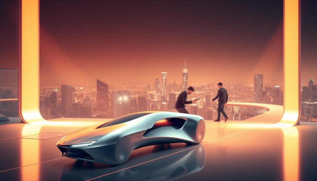 A dynamic industrial designer's career path, illuminated by warm, directional lighting. In the foreground, a sleek, streamlined 3D render of a new product concept, reflecting the designer's innovative skills. The middle ground features a workspace with digital design tools, sketches, and prototypes, symbolizing the creative process. In the background, a panoramic cityscape suggests the global scale and impact of the designer's work. The overall composition conveys a sense of momentum, growth, and the endless possibilities of an industrial design career.