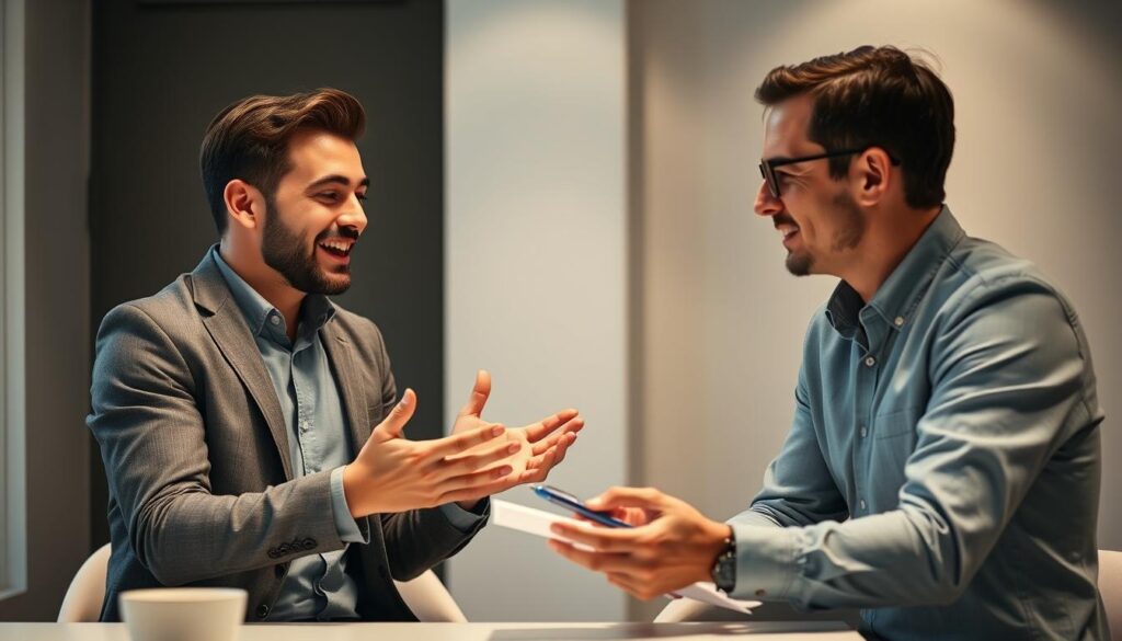 A dynamic meeting between a creative director and their client, captured in a well-lit studio setting. The client, dressed in professional attire, is engaged in an animated discussion, gesturing with their hands as the creative director listens intently, pen in hand, ready to document the key points. The background features a minimalist, yet sophisticated decor, with clean lines and neutral tones that emphasize the collaborative atmosphere. Soft, directional lighting illuminates the scene, casting subtle shadows and highlighting the expressions and body language of the participants, conveying a sense of focus and productivity.