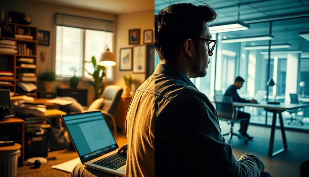 A dynamic, meticulously detailed scene of contrasting work styles. In the foreground, a freelance columnist working remotely, laptop open, surrounded by a cozy, cluttered home office. In the middle ground, a corporate columnist typing at a sleek, minimalist desk in a modern, well-lit office. The background depicts the distinct lifestyles - the freelancer's flexible, independent setup juxtaposed with the structured, hierarchical corporate environment. Dramatic, cinematic lighting casts shadows and highlights the differences in work culture, productivity, and work-life balance between the two. Realistic textures, depth of field, and a sense of scale immerse the viewer in this illustrative comparison of the freelance and salaried columnist experience.