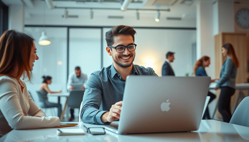 A dynamic office scene with a 30-something professional at the center, radiating confidence and optimism. Soft, warm lighting illuminates the modern, minimalist workspace, highlighting the individual's engaged expression as they review career options on a sleek laptop. In the background, glimpses of collaborative teamwork and mentorship suggest the supportive environment enabling their transition. The overall atmosphere conveys a sense of renewal, growth, and the promise of a fulfilling next chapter.