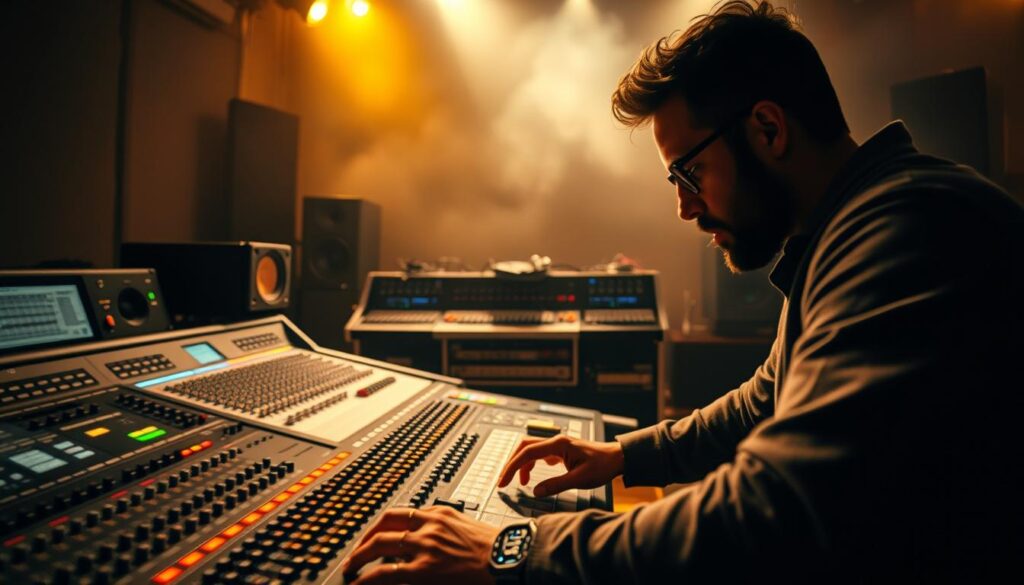 A dynamic scene of a mixer's career progression, captured in a cinematic low-angle shot. In the foreground, a skilled mixer is meticulously adjusting the levels on a professional mixing console, their face illuminated by the warm glow of studio lights. In the middle ground, a series of mixing desks and audio equipment suggest the various stages of a mixer's career, from entry-level to advanced roles. The background is shrouded in a hazy, atmospheric lighting, conveying a sense of aspiration and growth within the industry. The overall mood is one of focus, dedication, and the pursuit of mastery in the art of audio mixing.