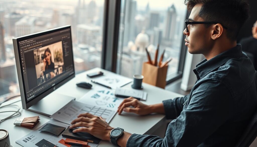 A dynamic scene showcasing the diverse skills required of a designer. In the foreground, a figure sits at a sleek workstation, hands adeptly manipulating design software, their face aglow with creative focus. In the middle ground, sketches, swatches, and prototypes litter the desk, evidence of the designer's iterative process. The background reveals a striking cityscape, hinting at the designer's need to stay attuned to trends and client demands. Soft, directional lighting accentuates the designer's features and the tactile materials surrounding them, conveying a sense of both artistry and technical mastery. The overall composition suggests the multifaceted nature of the designer's role, blending technical aptitude, conceptual thinking, and an eye for aesthetic refinement.
