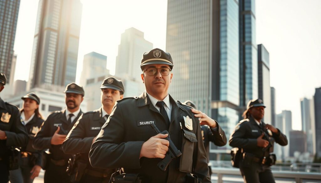 A dynamic security team patrols a bustling metropolis, their vigilance and expertise visible in their sharp movements and focused expressions. The scene is bathed in a warm, golden light, casting dramatic shadows that highlight the profession's seriousness and importance. In the background, towering skyscrapers and a vibrant cityscape suggest the growing demand for reliable security services, hinting at the industry's promising future. The composition emphasizes the guardians' presence, their roles as the protectors of the urban landscape, and the vital role they play in maintaining the community's safety and well-being.
