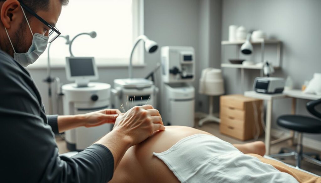 A dynamic sports therapy scene depicting a skilled practitioner performing acupuncture on a professional athlete in a modern, well-equipped clinic. The foreground showcases the intricate treatment process, with the practitioner's steady hands manipulating fine needles along the athlete's muscular frame. The middle ground features state-of-the-art equipment and medical supplies, conveying the advanced nature of sports-focused acupuncture. The background subtly hints at the clinic's serene, relaxing atmosphere with muted colors and minimalist decor, creating a sense of professionalism and therapeutic focus. Bright, natural lighting illuminates the scene, enhancing the sense of care and attention to detail. The overall mood is one of expertise, innovation, and the seamless integration of traditional Chinese medicine with modern sports medicine.