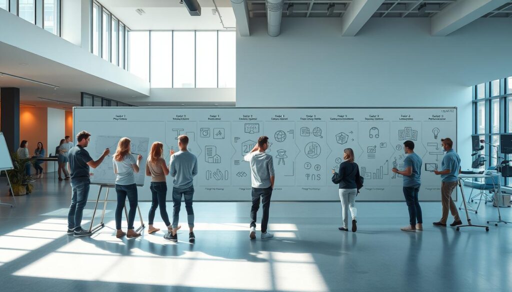 A dynamic, step-by-step visualization of a creative project's progression. In the foreground, a team of artists and designers collaborating, sketching ideas, and refining concepts on a large whiteboard. The middle ground features various stages of the project lifecycle, from initial brainstorming to final production, conveyed through abstract shapes and icons. In the background, a sleek, modern office environment with minimalist decor and abundant natural light, setting an airy, professional atmosphere. The color palette is a harmonious blend of blues, grays, and accents of vibrant hues, reflecting the balance of structure and creativity inherent in the design process. Soft, diffused lighting casts dramatic shadows, emphasizing the depth and dynamism of the scene.