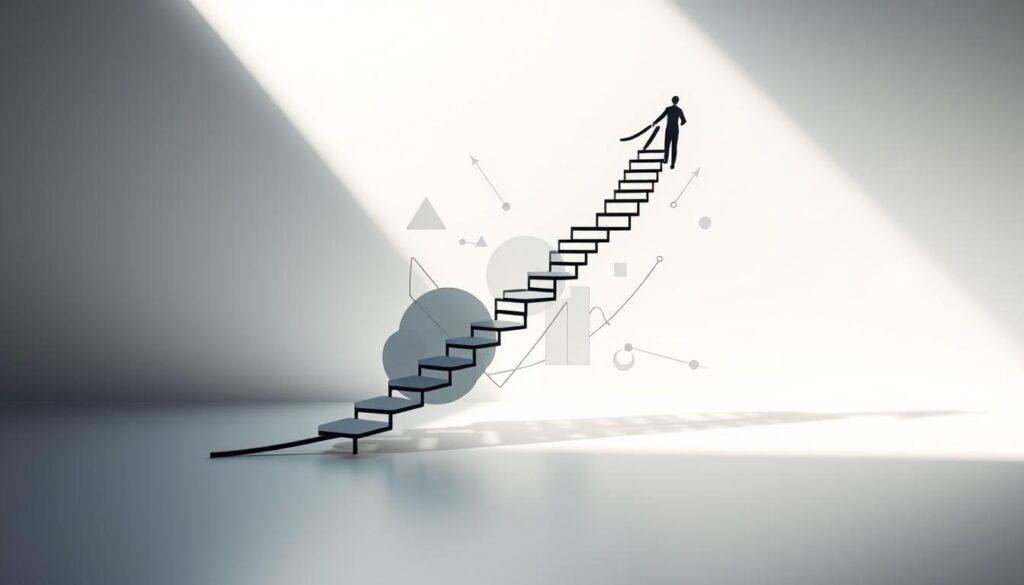 A dynamic, three-dimensional career path unfurling against a sleek, minimalist backdrop. In the foreground, a stylized, geometric visualization of an upward-trending trajectory, conveying the progressive, ladder-like nature of career advancement. The middle ground features abstract shapes and lines, representing the diverse opportunities and transitions that shape a securities analyst's professional journey. The background showcases a muted, industrial-inspired environment, evoking the fast-paced, analytical world of finance. Lighting is crisp and directional, casting dramatic shadows to accentuate the dimensional, sculptural quality of the scene. The overall mood is one of aspiration, ambition, and the sense of a carefully curated, intentional career path.