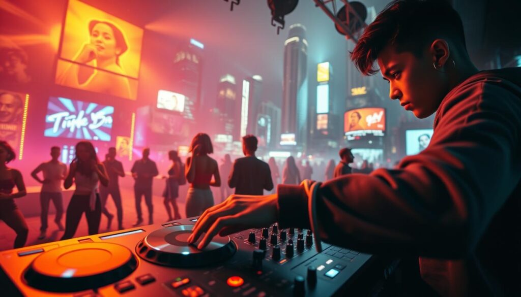 A dynamic video jockey's journey unfolds, captured in a cinematic composition. The foreground features a young person intently focused on a DJ setup, fingers dancing across turntables and mixing consoles, their expression conveying the passion and intensity of their craft. The middle ground showcases a vibrant, neon-lit club scene, with silhouetted dancers moving to the rhythmic beats. In the background, a cityscape of towering skyscrapers and neon-lit billboards sets the stage, evoking the fast-paced, urban energy of the video jockey's world. Dramatic lighting casts dramatic shadows, heightening the sense of drama and atmosphere. A wide-angle lens captures the full scope of this dynamic, immersive scene, inviting the viewer to step into the heart of the video jockey's journey.