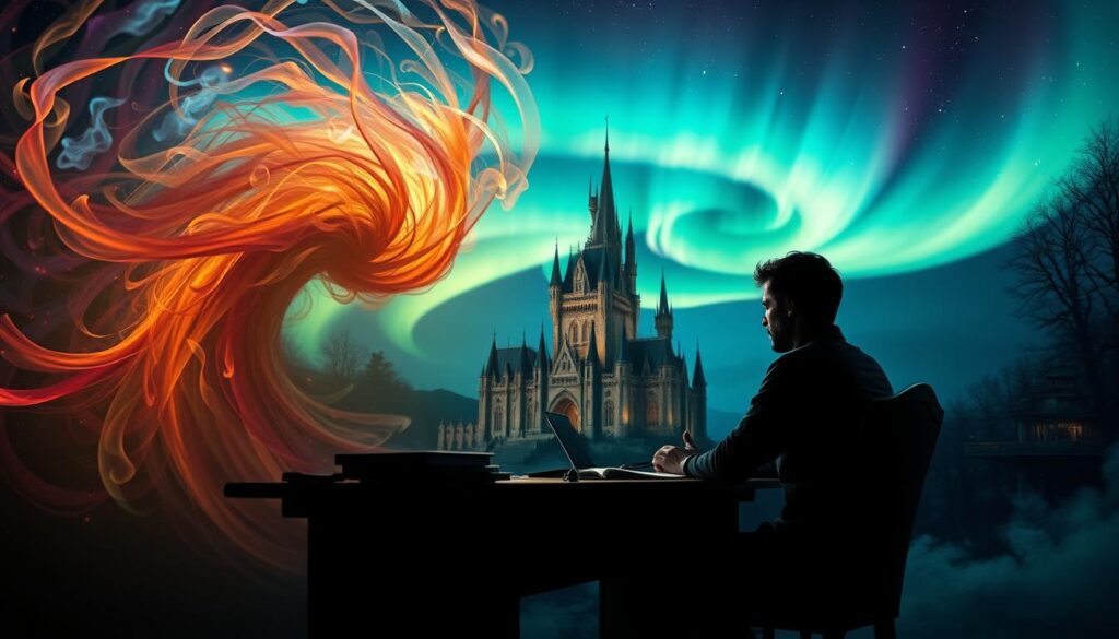 A fantastical scene showcasing the essential skills of a fantasy writer. In the foreground, a lone author sits at a desk, surrounded by a swirling vortex of imagination. Wispy tendrils of color and light emanate from the author's head, reflecting their capacity for vivid world-building and character creation. In the middle ground, a towering castle with spires reaching skyward, hinting at the grand, immersive environments a skilled fantasy writer can conjure. In the background, a shimmering aurora borealis dances across the night sky, evoking a sense of wonder and mystery that captivates readers. Dramatic lighting casts dramatic shadows, while a shallow depth of field draws the viewer's focus to the pensive author, the conduit for transforming the abstract into the concrete.