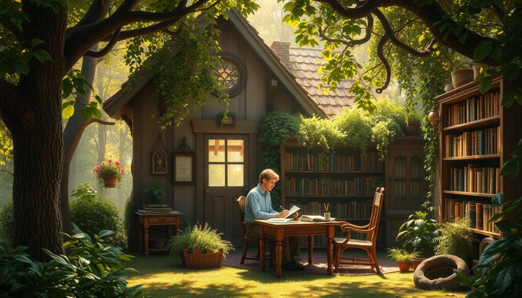 A fantasy writer's joy: an enchanting scene of a quaint cottage nestled in a lush, verdant forest, with sunlight filtering through the canopy and casting a warm, ethereal glow. Inside, the writer sits at a rustic wooden desk, lost in contemplation, surrounded by bookshelves brimming with tomes of imagination. Delicate flecks of fairy dust dance in the air, hinting at the boundless realms of fantasy that the writer's mind can conjure. The atmosphere is one of serene inspiration, where the boundaries between reality and the fantastical blur, allowing the writer to weave captivating tales that transport readers to wondrous, dreamlike worlds.