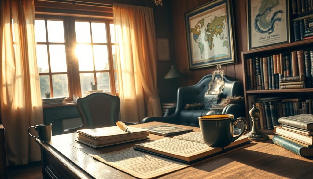 A fantasy writer's workspace, bathed in warm golden light from a large window. On the desk, a stack of handwritten notes, a well-worn quill, and an open notebook with lines of elegant script. Bookshelves line the walls, filled with tomes of fantastical tales. In the foreground, a cup of steaming tea rests next to a pen holder. The writer's chair is positioned thoughtfully, inviting contemplation. Sunlight filters through gauzy curtains, casting a cozy, inspiring atmosphere. A framed map of an imaginary realm hangs on the wall, hinting at the worlds the writer dreams up. The scene radiates creativity, focus, and the enchanting process of crafting fantasy fiction.