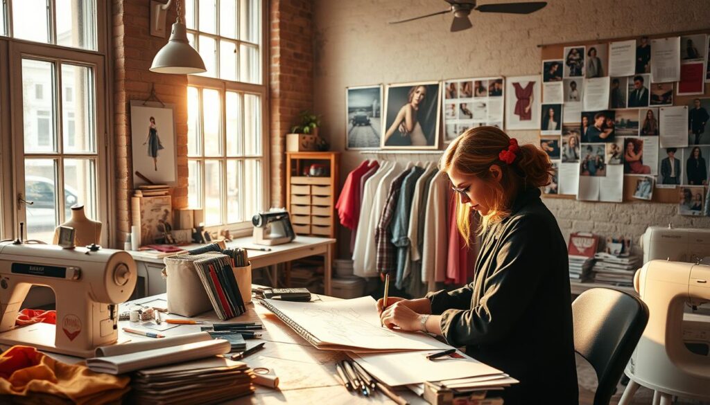 A fashion designer hard at work in their studio, surrounded by sketches, fabric swatches, and sewing machines. The room is bathed in warm, natural lighting from large windows, creating a cozy and inspiring atmosphere. The designer is intently focused, pencil in hand, as they bring their creative vision to life. In the background, a mood board displays color palettes, inspirational images, and upcoming trend forecasts. The overall scene conveys the dedication, passion, and meticulous attention to detail that goes into the fashion design process.