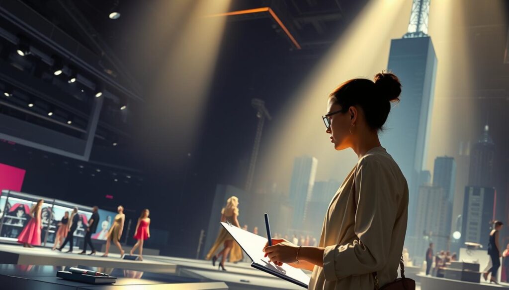 A fashion designer's career path, showcased in a cinematic illustration. In the foreground, a talented young designer sketches a vibrant dress, their creative spark ignited. The middle ground reveals a bustling fashion studio, models strutting the catwalk as designers oversee the production process. In the background, an imposing skyscraper symbolizes the heights a fashion career can reach - executive suites, runway shows, and global brand empires. Dramatic lighting casts dramatic shadows, heightening the sense of ambition and determination. The composition is framed through a wide-angle lens, capturing the multi-faceted nature of a fashion designer's journey from inspiration to international acclaim.