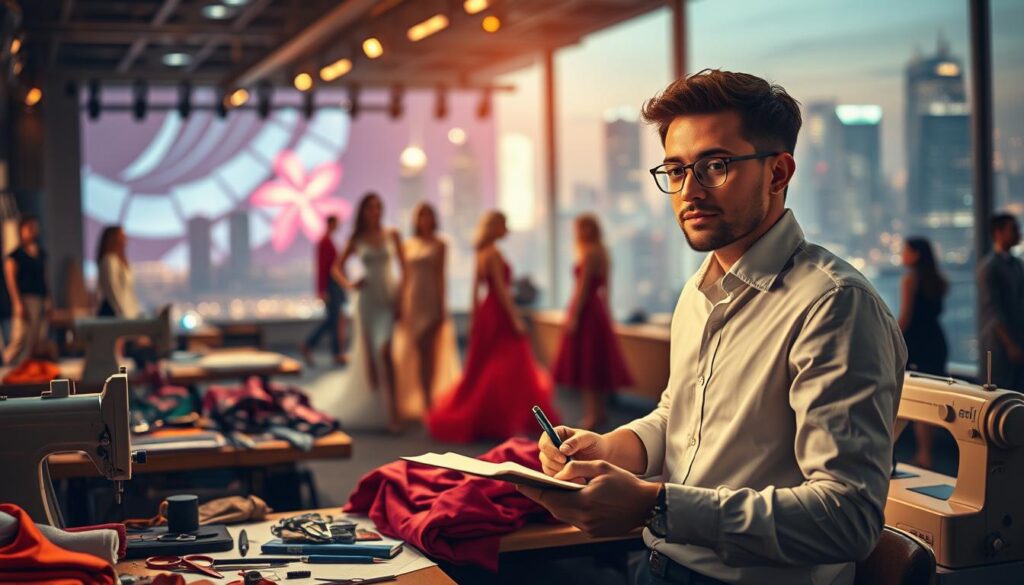 A fashion designer's career path, showcased through a dynamic, cinematic scene. In the foreground, a young designer confidently sketches designs, surrounded by vibrant fabrics, scissors, and sewing machines, all bathed in warm, golden lighting. In the middle ground, a fashion show unfolds, models elegantly strutting the catwalk in the designer's latest creations, captured through a shallow depth of field. In the background, a bustling city skyline serves as a testament to the designer's rise, the lights and skyscrapers symbolizing the potential for success and growth. The overall atmosphere is one of ambition, creativity, and the thrill of the fashion industry.