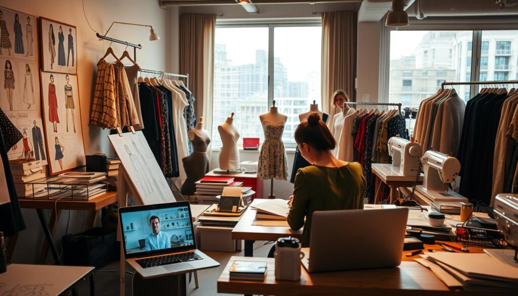 A fashion designer's studio, filled with sketches, fabrics, and sewing machines. In the foreground, a designer sits at a desk, intently studying a client's brief and making notes. Nearby, a mood board showcases the latest fashion trends and inspirations. The middle ground reveals a laptop displaying a video call, hinting at the designer's efforts to network and secure new clients. In the background, a large window offers a glimpse of the bustling city outside, suggesting the competitive nature of the industry. Warm, focused lighting illuminates the space, creating an atmosphere of productivity and determination. The overall scene conveys the strategic efforts a fashion designer must undertake to acquire new work and grow their business.