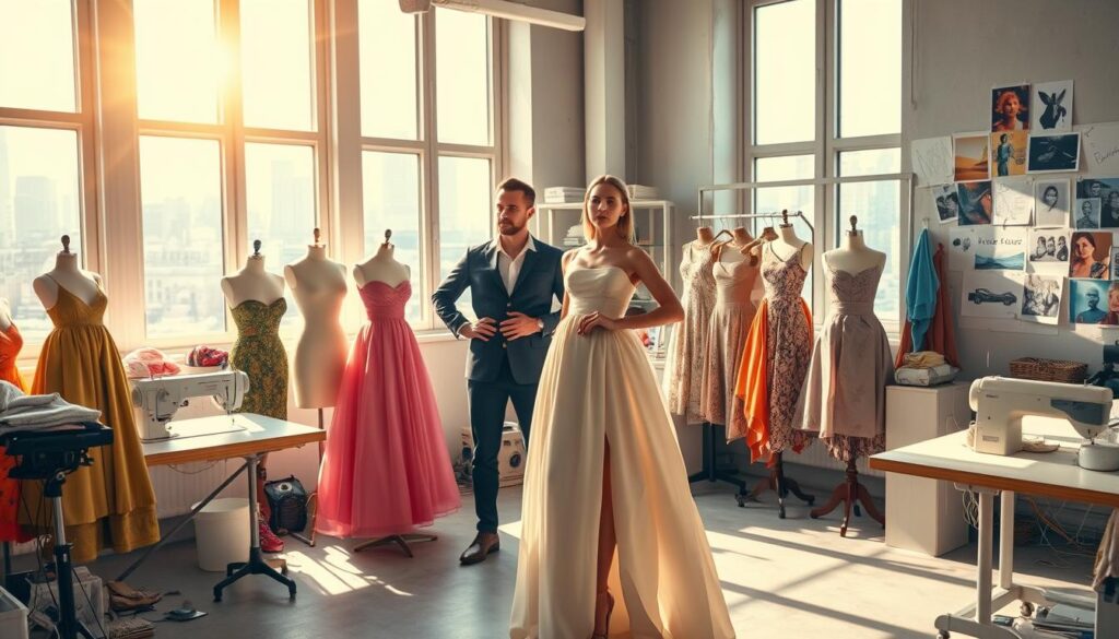 A fashion designer's studio, filled with vibrant fabrics, sketches, and sewing machines. Sunlight streams through large windows, casting a warm glow on the workspace. In the foreground, a model poses gracefully, showcasing a meticulously crafted dress. In the middle ground, the designer stands, hands on hips, studying the design with a critical eye. Mannequins, display racks, and mood boards line the walls, providing inspiration and a glimpse into the creative process. The background features a bustling city skyline, hinting at the designer's connection to the pulse of the fashion industry. The scene exudes a sense of artistic passion, technical expertise, and the thrill of bringing fashion to life.
