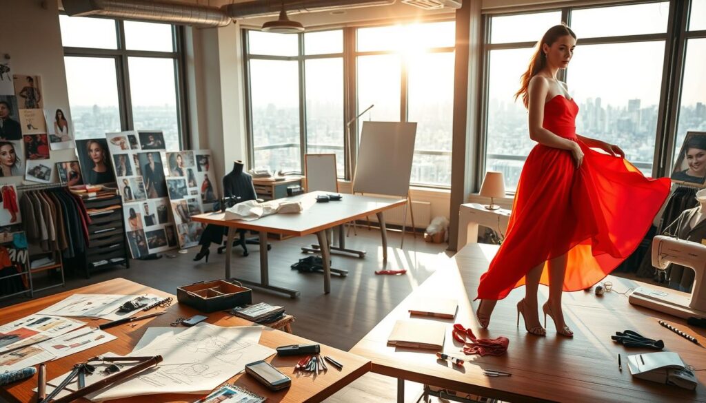 A fashion designer's studio in the heart of a bustling city, bathed in natural light streaming through large windows. In the foreground, a model poses gracefully, showcasing a vibrant, meticulously tailored dress. Sketches, fabric swatches, and sewing tools litter a wooden worktable, reflecting the designer's creative process. Mood boards and inspirational photos adorn the walls, hinting at the designer's diverse influences. The middle ground features a cutting table and a sleek sewing machine, while the background reveals a glimpse of the city skyline, bustling with activity. The atmosphere is one of focused intensity, where the designer's passion for fashion design shines through every detail.