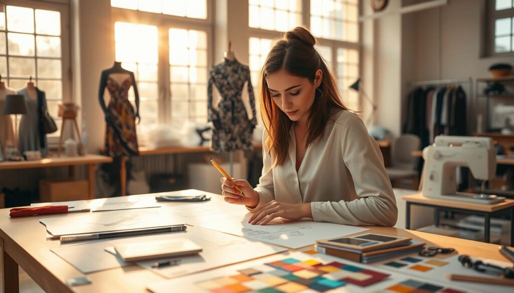 A fashion designer's workspace, bathed in warm, natural light filtering through large windows. On a central table, a collection of sketches, fabric swatches, and color palettes. In the foreground, a serene-looking designer focusing intently on a new design, pencil in hand. In the background, a stylish mannequin dressed in the latest trends, surrounded by an array of sewing machines, scissors, and other tools of the trade. The atmosphere conveys a sense of creativity, dedication, and the pursuit of sartorial excellence.