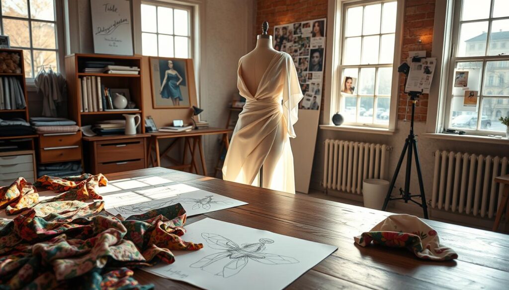A fashion designer's workspace, bathed in warm, natural light filtering through large windows. In the foreground, vibrant fabrics and intricate sketches sprawl across a wooden desk, reflecting the designer's creative process. The middle ground showcases a mannequin draped in a meticulously crafted garment, its elegant silhouette and carefully placed folds showcasing the designer's technical mastery. In the background, a mood board displays a collage of inspirational images, color palettes, and clippings, hinting at the designer's diverse influences. The overall scene conveys a sense of passion, dedication, and the fulfillment of bringing innovative designs to life.