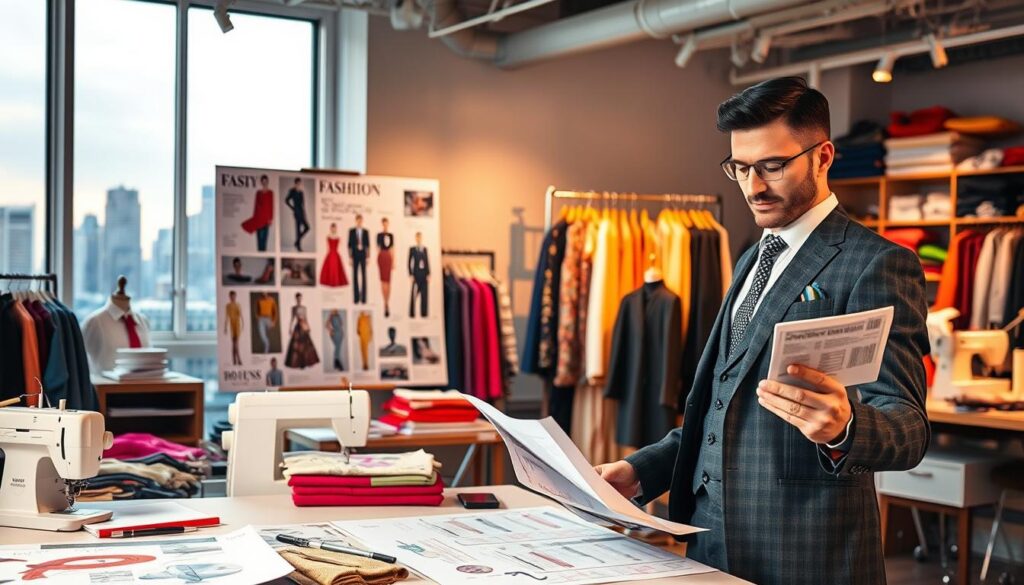 A fashion designer's workspace, filled with vibrant fabrics, sketches, and sewing machines, illuminated by soft, warm lighting. In the foreground, a well-dressed designer confidently reviews financial documents, symbolizing their journey to increased earnings. The middle ground showcases a mood board displaying the latest fashion trends, inspiring creativity. The background depicts a bustling city skyline, hinting at the vast opportunities available to those who master their craft.