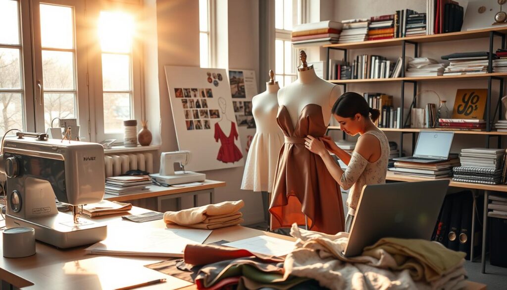 A fashion designer's workspace, illuminated by warm, natural light streaming through large windows. In the foreground, a sleek sewing machine and carefully arranged fabrics in a variety of textures and colors. On the desk, sketches, swatches, and a laptop showcasing digital design software. The middle ground features a dress form adorned with a partially completed garment, as the designer meticulously pins and drapes the fabric. In the background, shelves brimming with sewing supplies, design books, and inspirational mood boards. The atmosphere exudes creativity, focus, and the passion that fuels a fashion designer's craft.