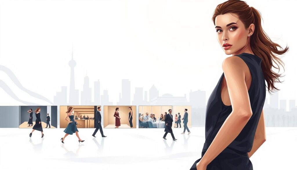 A fashion model's career path, captured in a stylized illustration. In the foreground, a young model striking a confident pose, wearing a sleek designer ensemble bathed in soft, dramatic lighting. In the middle ground, a series of vignettes depicting the model's journey - walking the runway, posing for a photoshoot, attending industry events. The background features a fluid, abstract cityscape, hinting at the global nature of the fashion world. The overall scene conveys a sense of aspiration, hard work, and the allure of the high-fashion lifestyle. Cinematic in tone, with a focus on capturing the glamour and complexity of a fashion model's career progression.