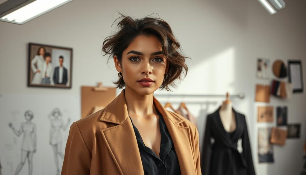 A fashionable individual stands in a well-lit studio, exuding a confident and creative aura. Their expression conveys a keen eye for detail and a passion for the craft. Surrounding them are sketches, fabric swatches, and a mood board, hinting at the intricate process of fashion design. The lighting casts dramatic shadows, emphasizing the individual's focus and determination. In the background, a sleek, minimalist backdrop allows the subject to take center stage, capturing the essence of a fashion designer's ideal traits - artistic vision, technical expertise, and a flair for innovation.