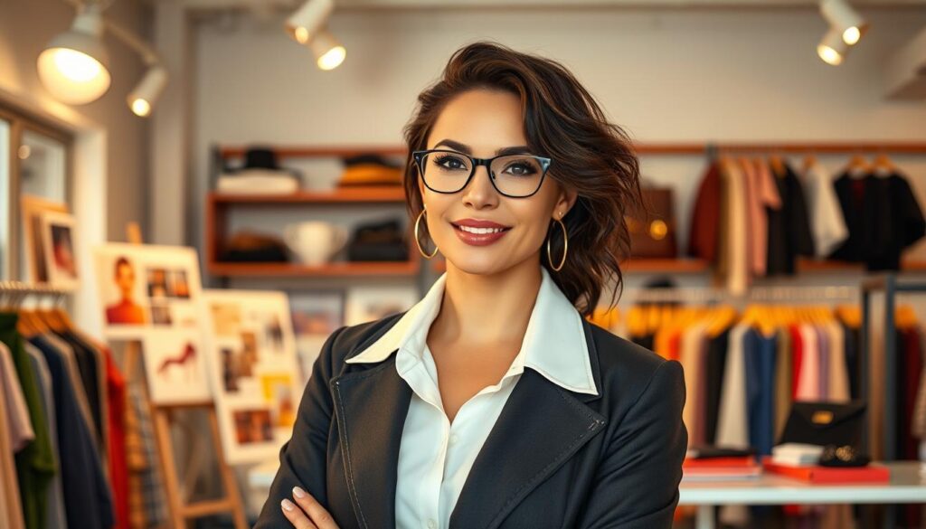 A fashionable stylist stands confidently in a well-lit studio, surrounded by racks of chic clothing and accessories. Overhead lighting casts a warm, flattering glow, accentuating their sharp eye for detail and impeccable personal style. In the background, a sleek, modern workstation displays mood boards, color palettes, and trend forecasts, hinting at the strategic planning and industry expertise that drives their rising income. The stylist's expression radiates professionalism and creativity, conveying the passion and dedication that have propelled their career success.