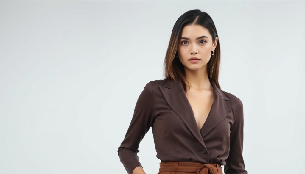 A fashionable young woman stands confidently in a well-lit studio, her gaze direct and her posture poised. She wears a sleek, contemporary ensemble in muted tones, accentuating her elegant features. In the background, a seamless backdrop provides a clean, minimalist setting, allowing the focus to remain on the model. Soft, directional lighting casts subtle shadows, lending depth and dimension to the scene. The camera captures the model at a flattering angle, highlighting her natural grace and poise. This image embodies the essence of the steps to becoming a successful fashion model - a captivating presence, a refined aesthetic, and a commanding stage presence.