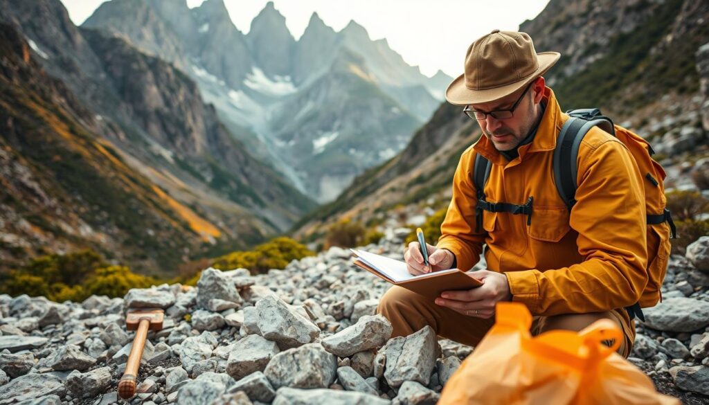 A field geologist conducting a comprehensive geological survey in a rugged, mountainous terrain. In the foreground, the geologist carefully examines rock samples, making meticulous notes on a clipboard. The middle ground showcases the geologist's field equipment, including a geological hammer, hand lens, and sample bags. In the background, towering peaks rise, their slopes dotted with lush vegetation, conveying a sense of the challenging yet awe-inspiring environment where the geologist's work takes place. The scene is illuminated by warm, natural lighting, creating a sense of depth and atmosphere. The overall mood is one of scientific inquiry, diligence, and a connection to the natural world.
