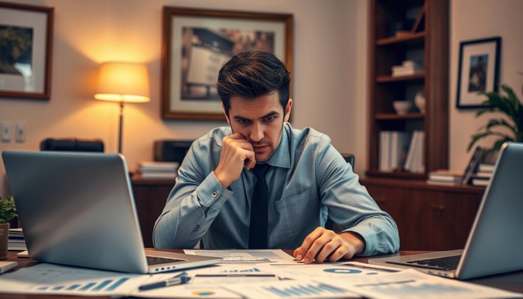 A financial planner working intently at their desk, surrounded by financial reports, graphs, and a laptop displaying intricate calculations. Warm, focused lighting illuminates the scene, creating a sense of concentration and professional dedication. The planner's expression conveys deep thought as they analyze data, crafting personalized financial strategies for their clients. The office environment is tastefully decorated, with minimal clutter, suggesting an efficient and organized workspace. The overall atmosphere exudes an air of expertise, diligence, and the pursuit of financial well-being for the planner's clients.