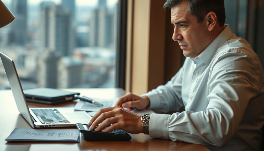 A financial planner's desk, meticulously organized, with a laptop, documents, and a calculator. A contemplative expression on the planner's face, brow furrowed, as they ponder complex financial strategies. In the background, a blurred cityscape, representing the wide-ranging considerations a planner must navigate. Soft, warm lighting casts an introspective mood, emphasizing the weight of the planner's decisions. The scene conveys the challenge of balancing client needs, market trends, and regulatory requirements, all while maintaining a professional demeanor.
