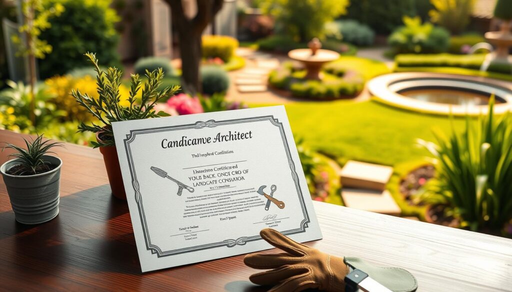 A finely crafted certificate in the foreground, featuring a detailed illustration of a landscape architect's tools and symbols. The certificate is displayed on a wooden desk, with a potted plant and a pair of gardening gloves in the middle ground. In the background, a serene garden setting with lush greenery, winding paths, and a tranquil water feature. Warm, natural lighting illuminates the scene, conveying a sense of professionalism and expertise in the field of landscape design and consulting.